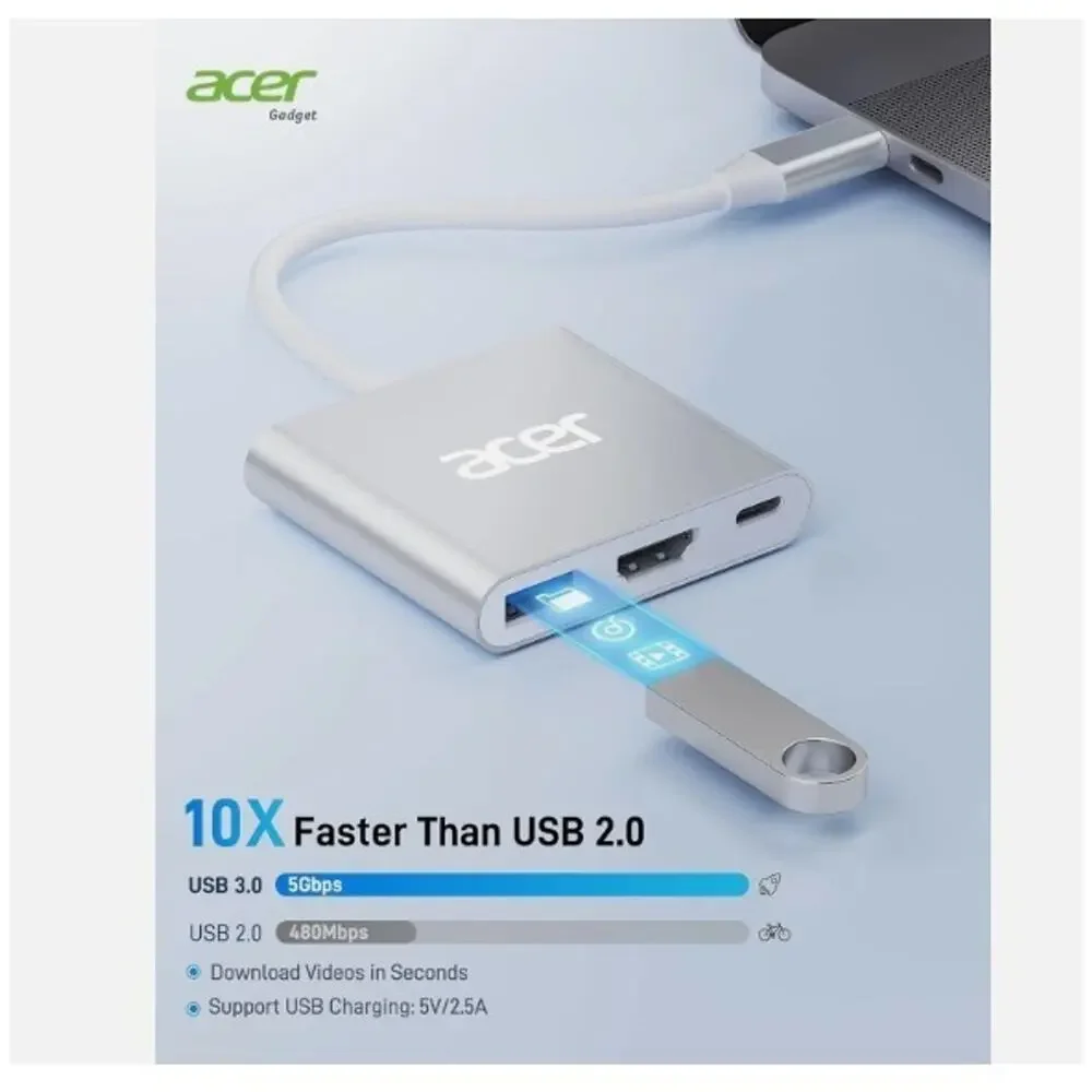Acer USB C to HDMI Adapter, 4K C Hub with 100W PD, USBA 3.0 Port, Silver